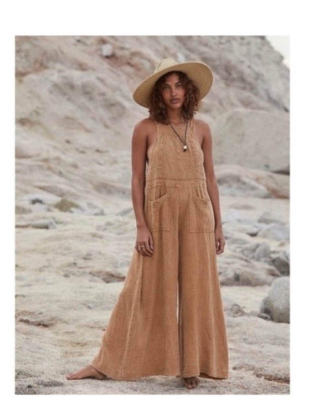 Free People Cyprus Ave Mustard Wide-Leg Cotton Overalls SZ XS - Picture 2 of 16